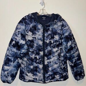 Floral Tie-Dye Navy Blue Women's Puffer Jacket with Hood